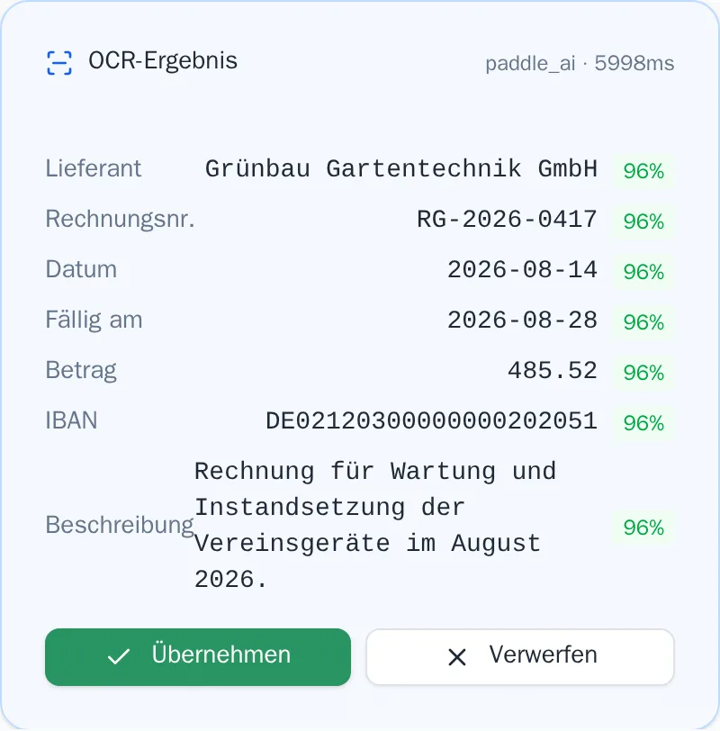 Erkannte Rechnungsdaten stehen zur Übernahme bereit