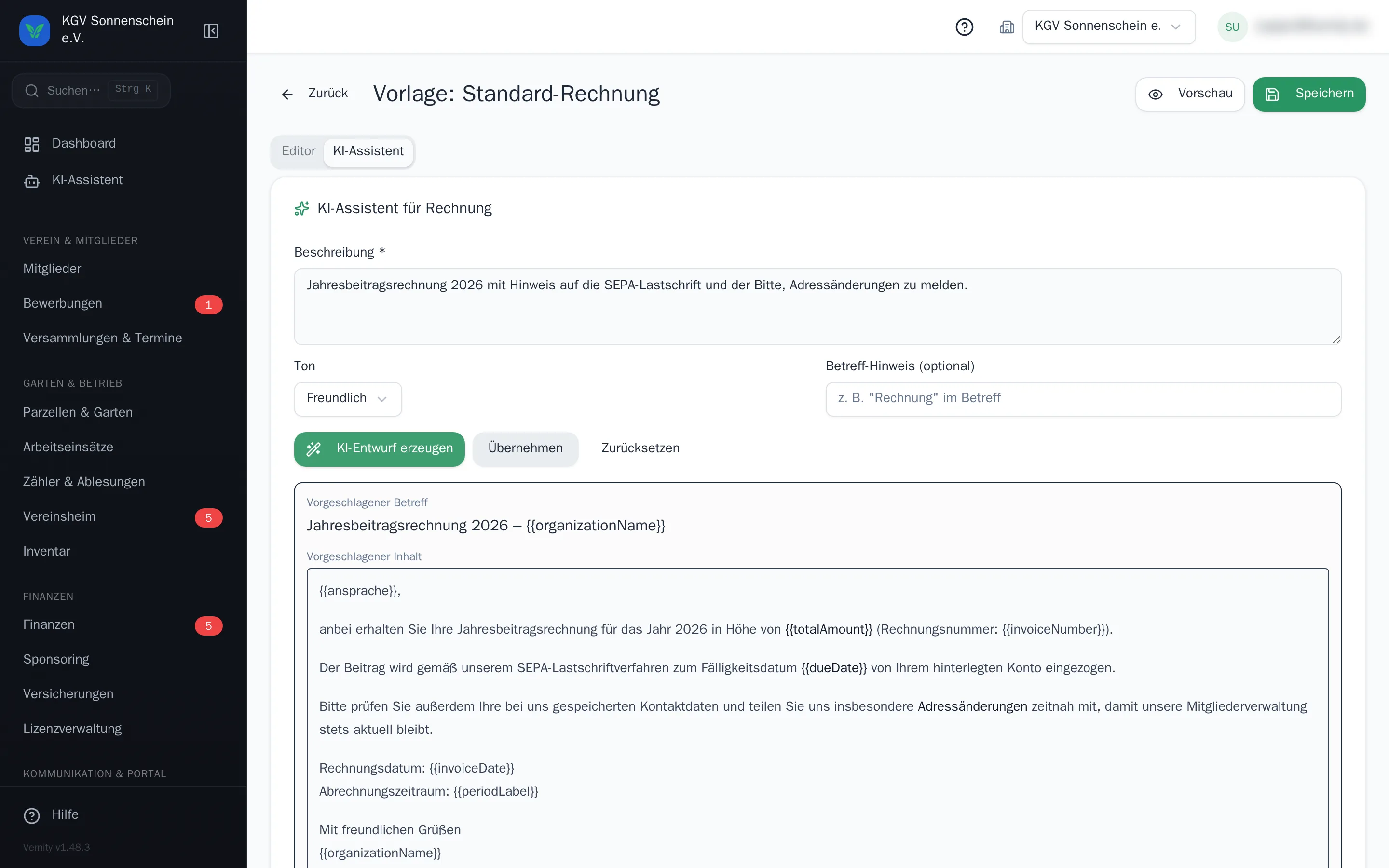 KI-Entwurf für eine E-Mail-Vorlage mit Betreff und Text