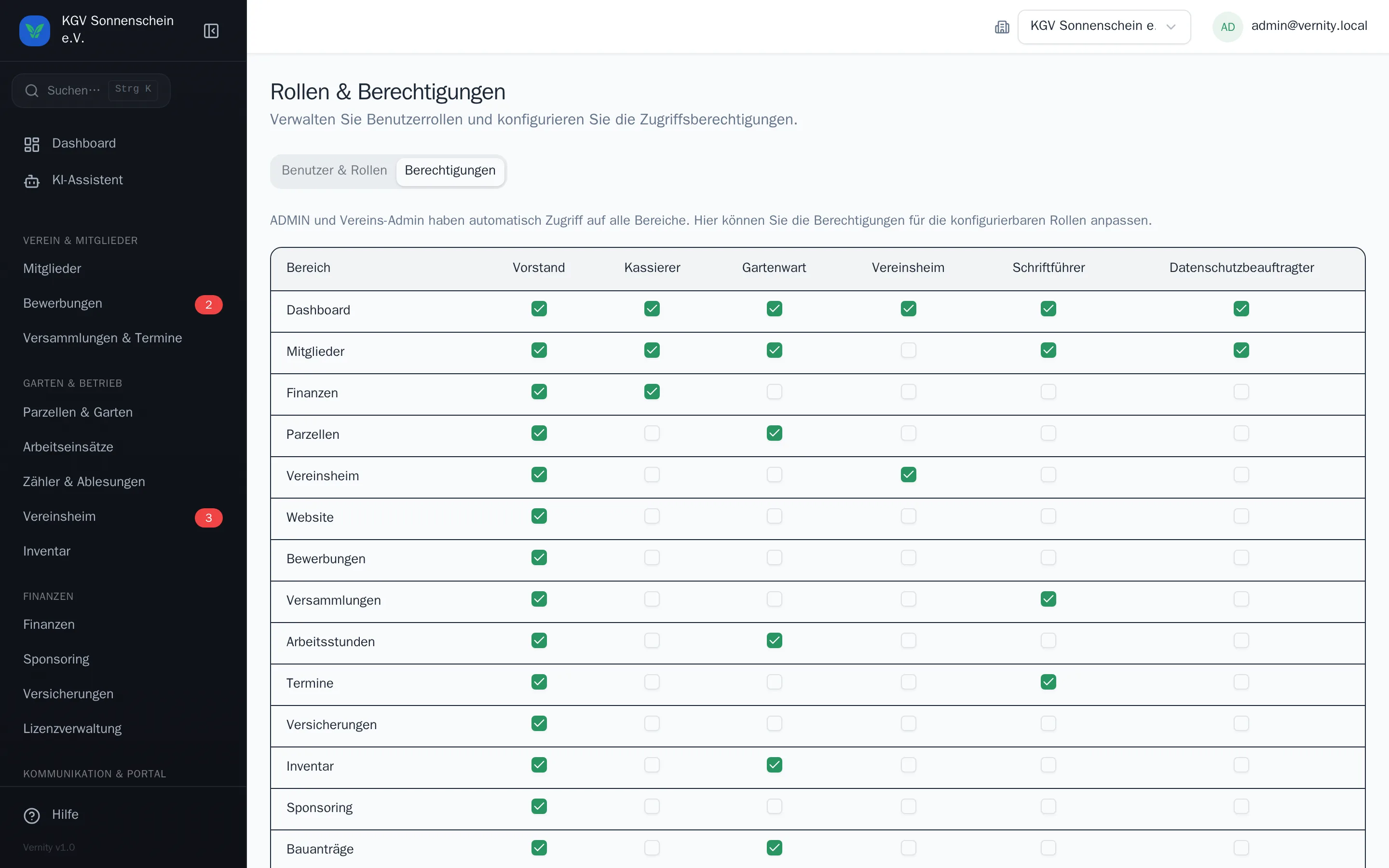Berechtigungsmatrix der Rollen